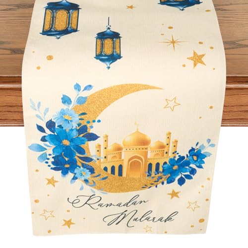 Ramadan Table Runner 13x72 Inch Beige Linen Eid Mubarak Decor