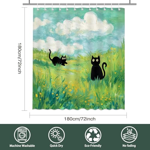 Funny Cat Shower Curtain - Waterproof Black Cat Design, 72x72 Inch