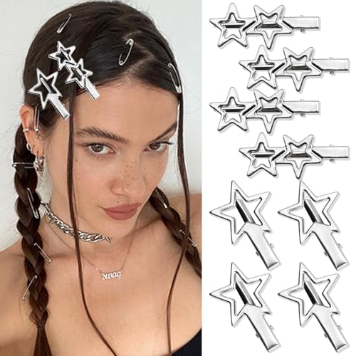 SAWINDA Y2K Silver Star Hair Clips Metal Pentagram Hair Barrettes 8 PCS