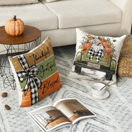 18" x 18" AVOIN Fall Pumpkin Truck Throw Pillow Covers - Set of 4