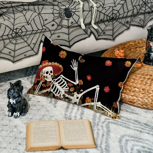 Dia De Los Muertos Skeleton Marigold Throw Pillow Cover - 12x20