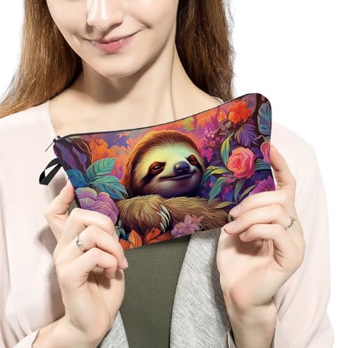 Floral Sloth Makeup Bag Padded Cosmetic Organizer Zipper Pouch for Women