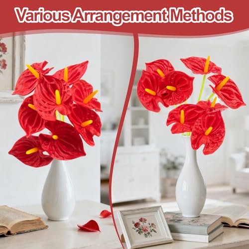 RAINFLOW 8-Piece Artificial Anthurium Flowers, 12.7-inch Faux Tropical Stems