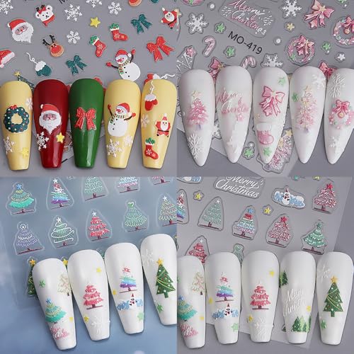 Christmas Nail Stickers 3D Embossed Pink Snowflake Decals 3 Sheets