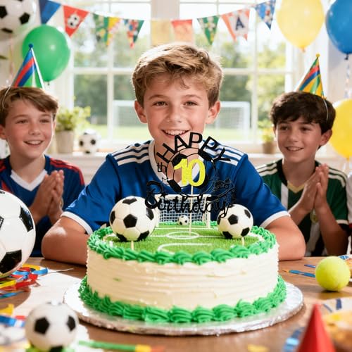 Black Soccer Happy 10th Birthday Cake Topper - Glitter Decor