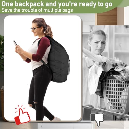 Large Backpack Laundry Bag with Shoulder Straps - Durable Polyester Hamper for College & Travel (Black)