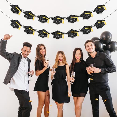 Black and Gold Graduation Banner - Pre-Strung Cap Garland for Class of 2026