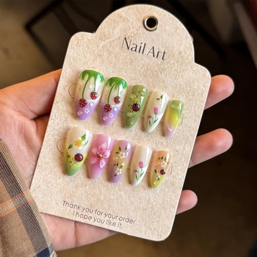 GUAACCB 24Pcs Floral Almond Press On Nails Cute Strawberry Fake Nails