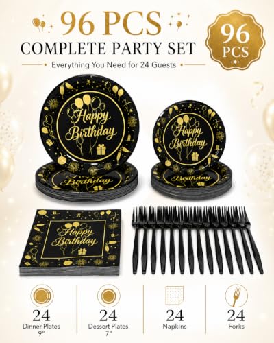 Happy Birthday Party Supplies Set - 96 Pcs Plates & Napkins for 24 Guests