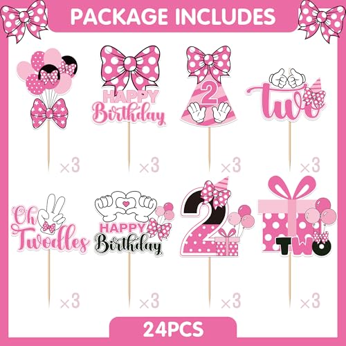 Oh Twodles Cupcake Toppers Set - 24 Pink Mouse Birthday Decorations
