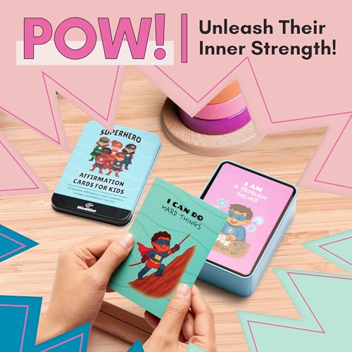 MindMint Superhero Affirmation Cards for Kids - 50 Daily Positive Cards with Stand