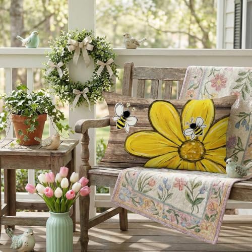 Daisy Bee Farmhouse Pillow Cover 12x20 Inch - Spring Decor