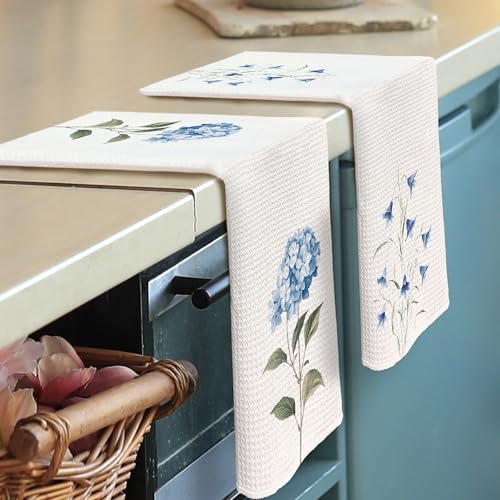 Blue Hydrangea Kitchen Towels Set of 2 - 16x24 Inches Floral Decor