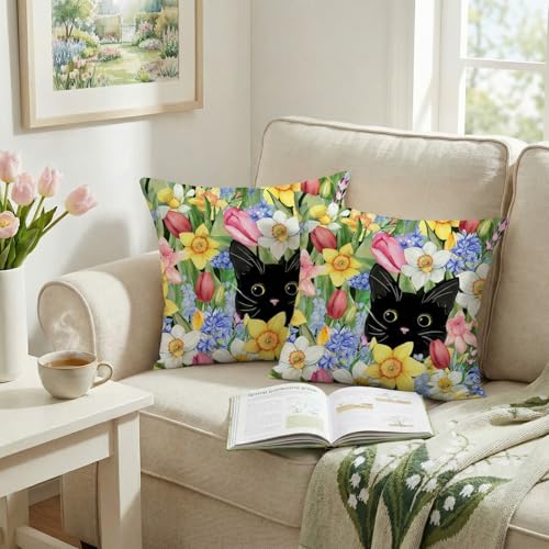 Spring Cat Floral Throw Pillow Covers, 18x18 Inch, Set of 2 Farmhouse Decor