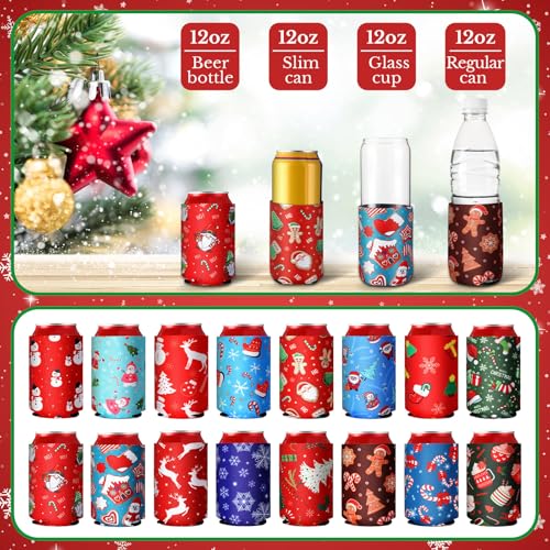 Christmas Beer Can Sleeves 16 Pcs Neoprene Can Coolers for 12 oz Drinks
