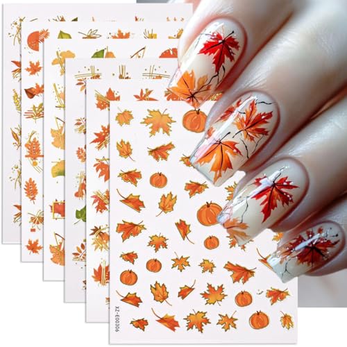 Fall & Halloween Nail Art Stickers 6PCS 3D Self-Adhesive Autumn Decals