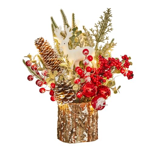 Christmas Tree Stump Mini Decor with Deer Bell & Pine Cones - Red Variation