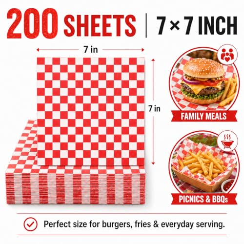 Red & White 7x7 Inch Food Basket Liners, 200-Pack Grease-Resistant Wax Paper