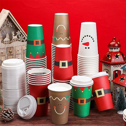 Santa Claus Christmas Coffee Cups 16 oz - 100 Disposable Paper Cups with Lids