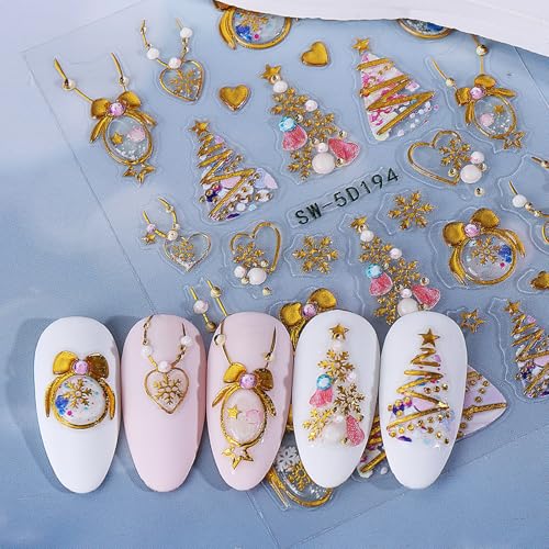5D Embossed Christmas Nail Stickers Glitter Snowflake Reindeer Decals 3Sheets