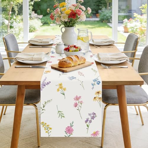 Bonhause Spring Floral Table Runner 13x72 Inch Wildflowers Farmhouse Linens