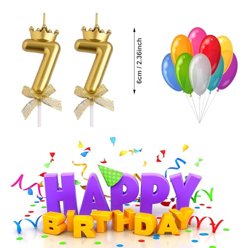 77th Birthday Candle Set - Elegant Smokeless Gold Crown Cake Topper