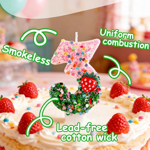 Strawberry Number 3 Birthday Candle - Pink Green Glitter Cake Topper