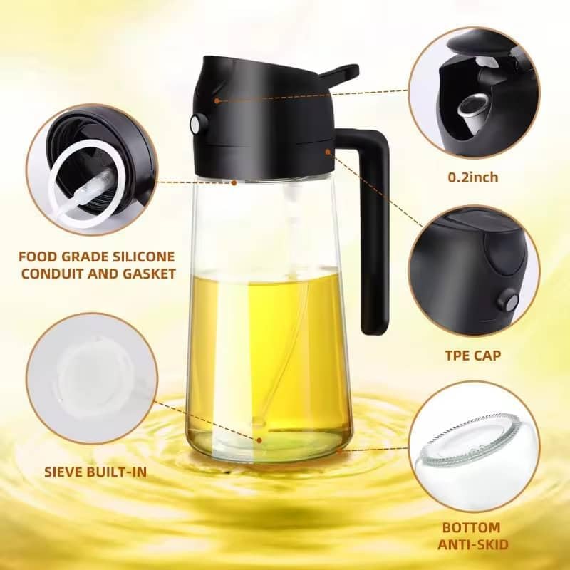 MA Glass Olive Oil Sprayer - 2-in-1 Dispenser Bottle for Cooking & BBQ - 16oz/470ml - Black