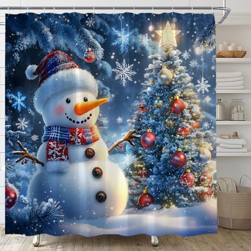 ABONAN Winter Snowman Shower Curtain, 70 x 70 Inch Christmas Bathroom Decor
