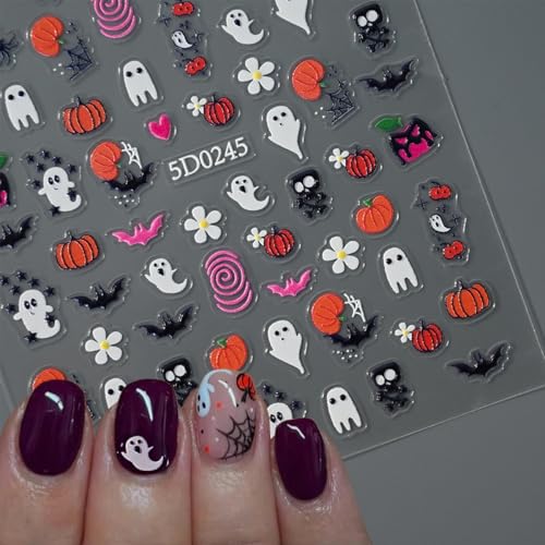 OSTTMA 3 Sheets 5D Embossed Halloween Nail Art Stickers - Horror Ghost, Pumpkin, Bat & Skull Self-Adhesive Decals for Manicure
