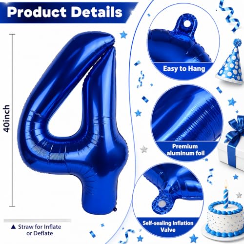 Navy Blue 40 Inch Number 4 Balloon - Self-Inflating Foil for Parties