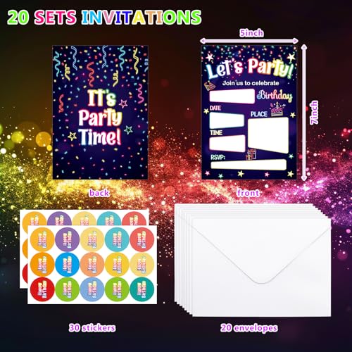 Neon Birthday Invitations with Envelopes - 20 Pack for Kids Parties