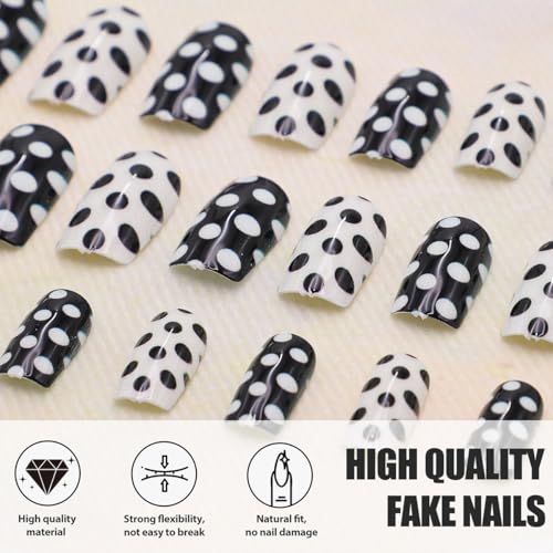 Black and White Press on Nails Square Glossy False Nails with Dots