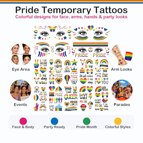 LINSYL 128+ Waterproof Pride Temporary Tattoos Rainbow LGBTQ Party Favors