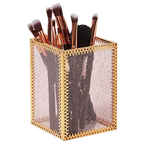 Glamlily Vintage Pink Glass Makeup Brush Holder with Gold Brass Frame