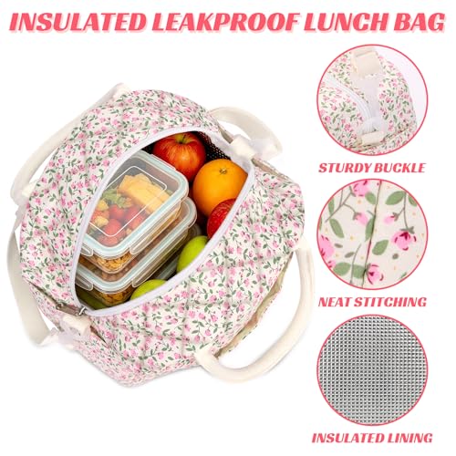 SEEGU Insulated Lunch Bag for Women - Floral Pink Large Lunch Tote