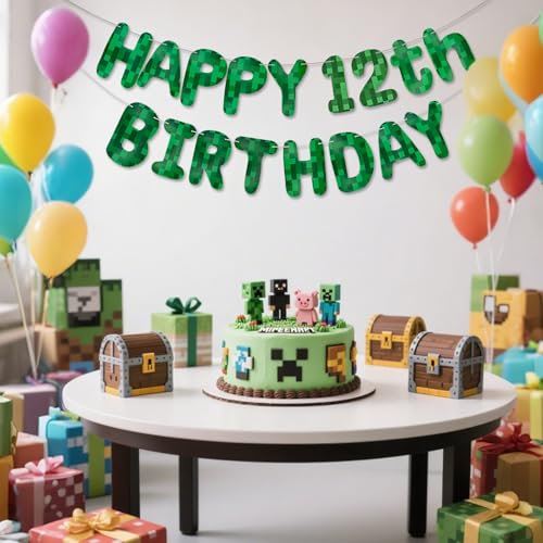 Green Pixel 12th Birthday Banner, Pre-Strung Video Game Party Decor