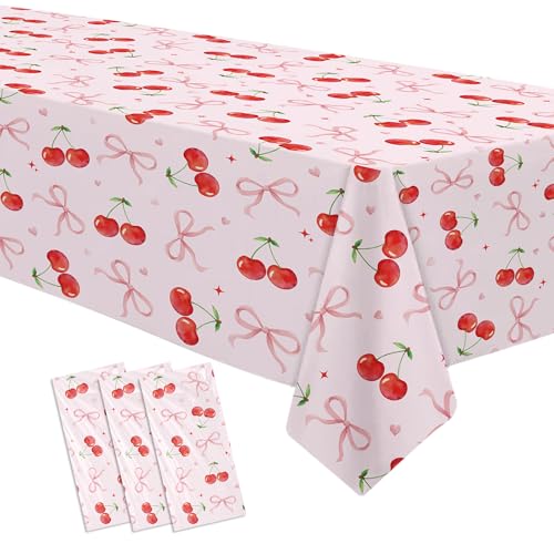 Cherry and Bows Party Tablecloth, 3-Pack Disposable Table Covers, 86x55"