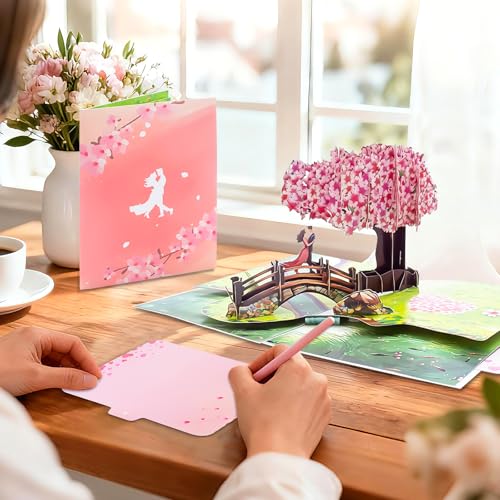 3D Cherry Blossom Bridge Pop-Up Card - Romantic Couple Anniversary & Valentine Greeting Card