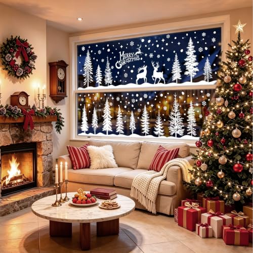 Christmas Window Clings - Double Sided White Xmas Forest Tree Snowflakes Deer Decorations