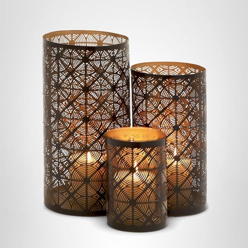 Deco 79 Metal Geometric Indoor Outdoor Candle Lantern Decorative Lantern Candle Holder, Set of 3 Lantern 12", 10", 6"H, Dark Brown