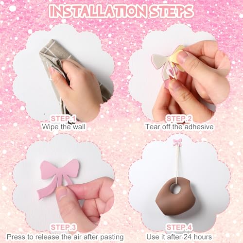 Pink Bow Wall Hooks - 6 Pack Metal Adhesive Door Hangers for Home & Kitchen Decor