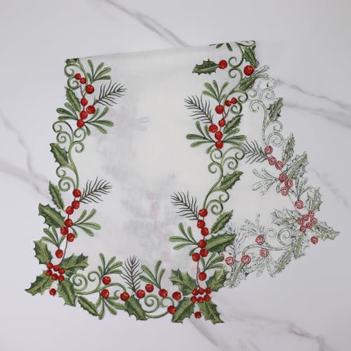 Christmas Table Runner Holly Red Berry White 13x36 Inches Embroidered Holiday Decor - White Variation