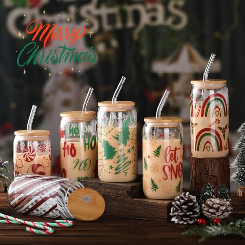 6 Pcs 16 oz Glass Cups with Bamboo Lids & Glass Straws – Candy Variation
