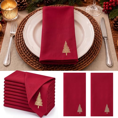 Christmas Cloth Napkins Set of 6 - Red Embroidered Tree Pattern, 17x17 Inches