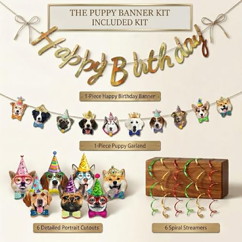 Dog Birthday Banner Set with Gold Glitter & Decorations