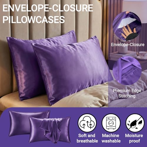 Q&J FABRIC CO. 2 Pack Satin Pillowcases - Standard Size 20x26, Purple, Cooling & Hair Care