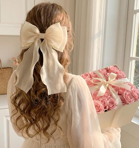 Light Pink Hair Bows with Long Ribbon Tail, 20cm Hair Clips for Women (2PCS)