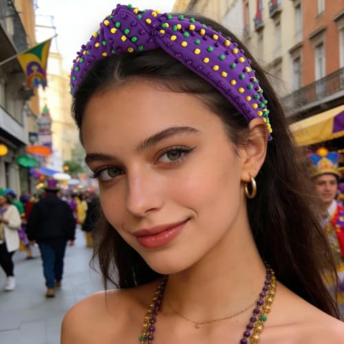 Mardi Gras Beaded Knotted Wide Headband - Purple Green Yellow Festival Hair Accessory