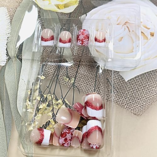 Christmas Press On Nails Short Square Glossy Acrylic False Nails